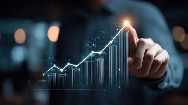 Businessman analyzing sales data and growth graph with digital strategy interface - Powered by Adobe