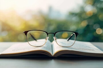 Open book, eyeglasses, sunlight, blurred background