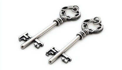 Two antique-style silver keys isolated on white background.