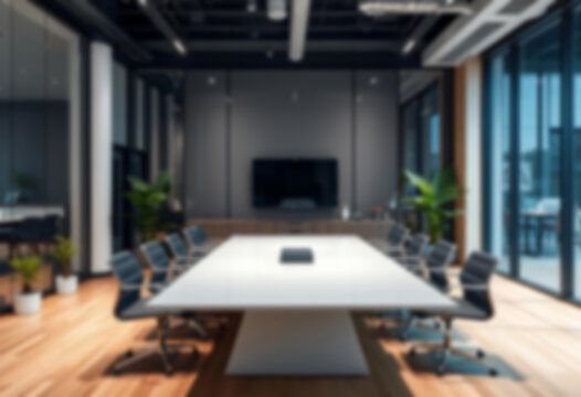 blurry office, interior of a modern office with a large meeting table, green theme, small plants in the corners of the room, office wallpaper.
