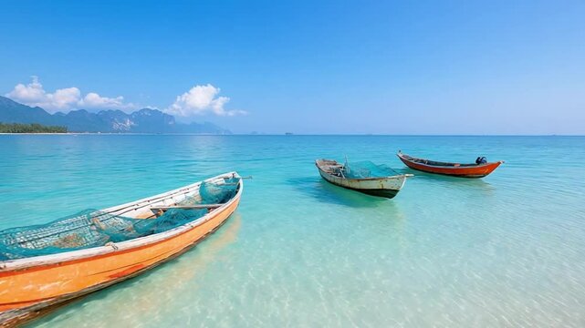 Coastal Serenity: A picturesque scene of vibrant boats floating peacefully on the crystal-clear turquoise waters, framed by a stunning azure sky and distant mountains.