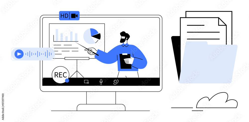 Poster virtual presenter explains data charts via a video conference on a screen. includes file sharing, vo