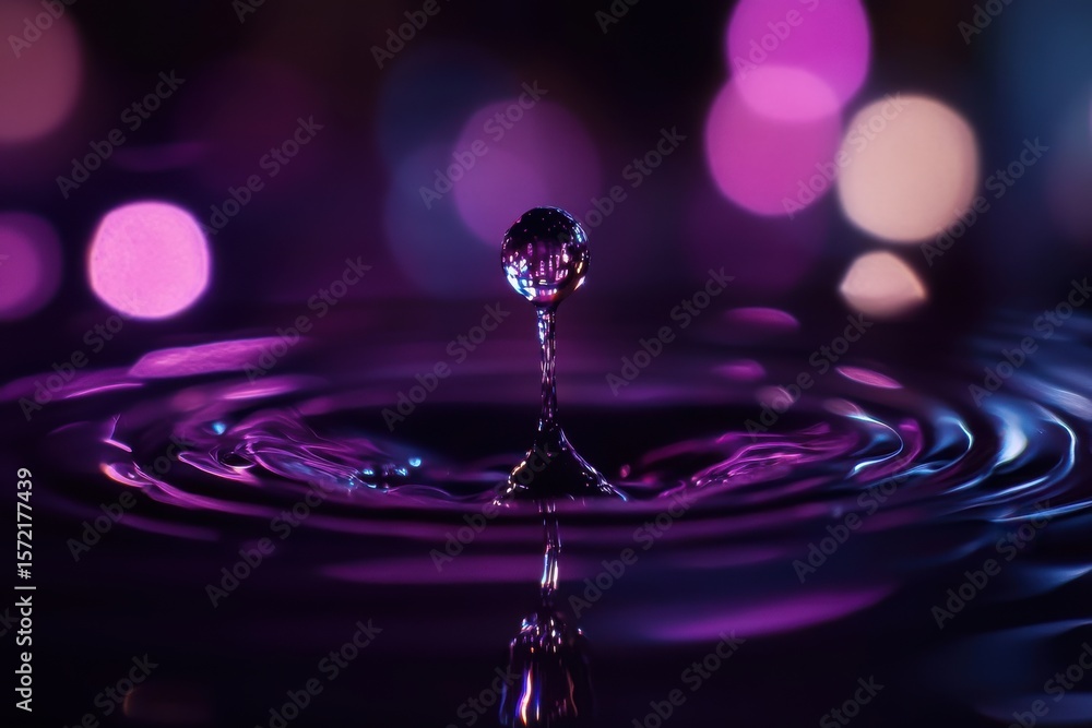 Poster a captivating water droplet collision creating ripples with a blurred purple background bokeh effect