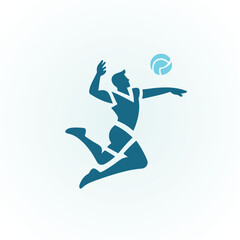 Vector logo of a person playing volleyball in a dynamic jumping pose, hitting the ball in mid-air. Designed in a clean, minimalist style with bold lines and modern flat design. 