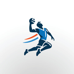 Vector logo of a person playing volleyball in a dynamic jumping pose, hitting the ball in mid-air. Designed in a clean, minimalist style with bold lines and modern flat design. 