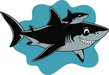 Underwater vector illustration of a dangerous blue shark love affection care with baby shark swimming isolated on white, ideal for marine life and ocean themes