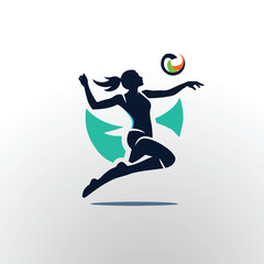 Vector logo of a person playing volleyball in a dynamic jumping pose, hitting the ball in mid-air. Designed in a clean, minimalist style with bold lines and modern flat design. 