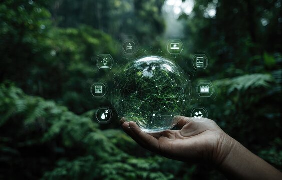 Hand holds glowing globe, surrounded by tech icons, in lush forest