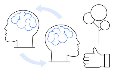 Two human head profiles with interconnected brains linked by arrows, symbolic tree, and thumbs-up gesture. Ideal for teamwork, creativity, idea exchange, communication, growth, innovation simple