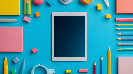 Tablet and School Supplies Flat Lay