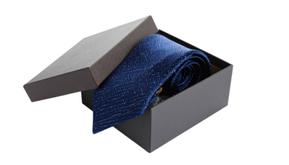 Navy blue tie in gift box isolated on transparent background