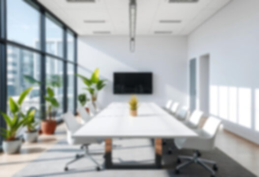 blurry office, interior of a modern office with a large meeting table, green theme, small plants in the corners of the room, office wallpaper.