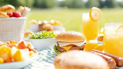 A Sunny Summer Picnic: A vibrant and inviting spread of delectable food and refreshing drinks set against a sunny outdoor background, perfect for a joyful gathering and delicious dining.