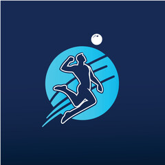 Naklejka premium Vector logo of a person playing volleyball in a dynamic jumping pose, hitting the ball in mid-air. Designed in a clean, minimalist style with bold lines and modern flat design. 