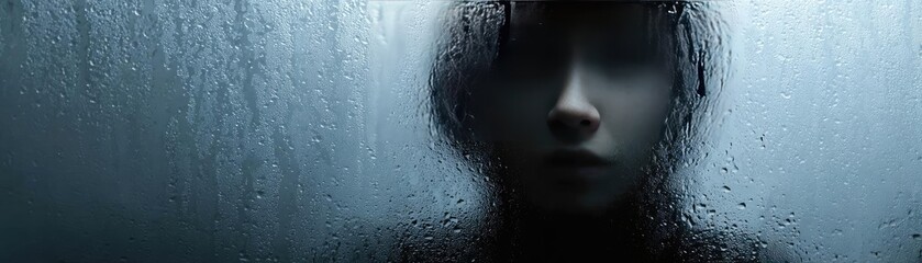 Fototapeta premium Emotional numbness concept. A mysterious silhouette behind a fogged glass, evoking deep emotions.