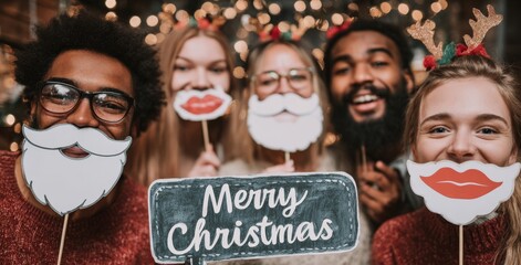 Group of friends at Christmas party holding up photo props with white beards, lips, and speech bubbles saying Merry Christmas