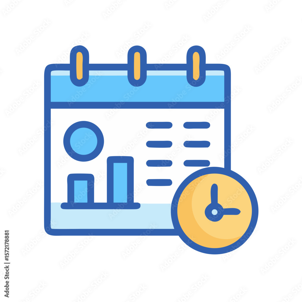 Poster calendar icon with financial chart and time clock element