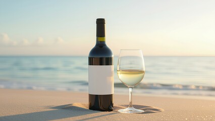 A bottle of white wine with a blank label for mockup, with a glass on the sand of a beautiful beach at sunset. A romantic concept for travel, vacation, luxury, or a seaside celebr