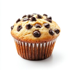 Delicious chocolate chip muffin on white background.