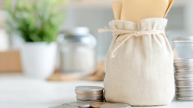 Secure Savings: A close-up captures a light beige money bag on a table, symbolizing savings and financial security. Coins are scattered around, hinting at prosperity.