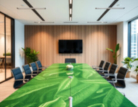 blurry office, interior of a modern office with a large meeting table, green theme, small plants in the corners of the room, office wallpaper.