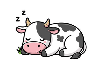 Cute Cartoon Cow Sleeping and Eating Grass.