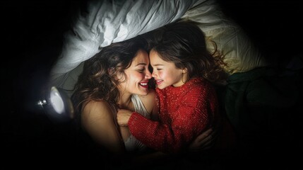 Mother And Child Embrace Under Blanket In Dim Light