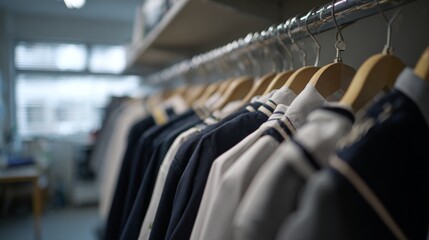 Fototapeta premium Close-up of school uniforms hanging on wooden hangers, blurred background with copy space