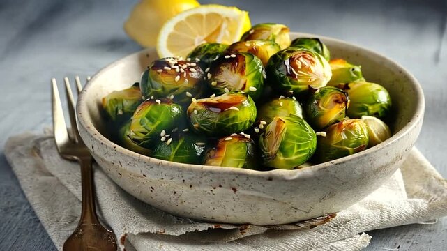 A beautifully arranged bowl of roasted Brussels sprouts with sesame seeds and lemon, set on a rustic table