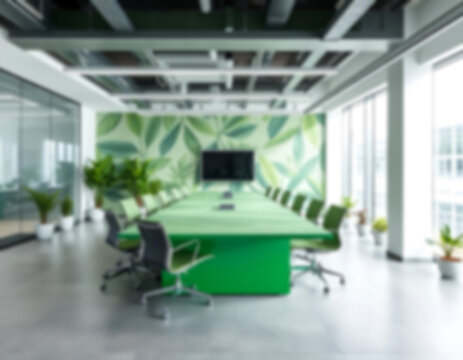 blurry office, interior of a modern office with a large meeting table, green theme, small plants in the corners of the room, office wallpaper.