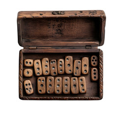 Antique wooden dominoes set in an open carved wooden box isolated on transparent background