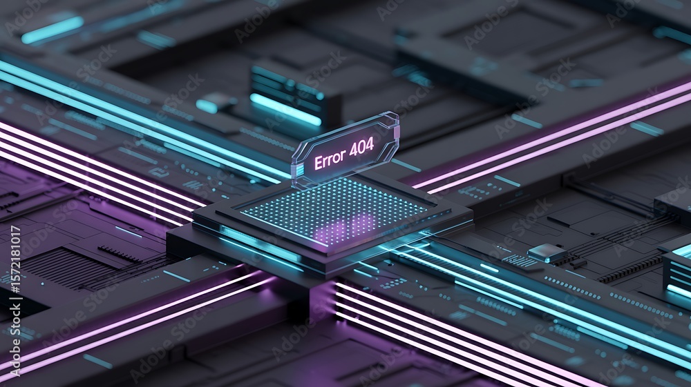 Poster futuristic circuit board with glowing neon lights and error 404 message