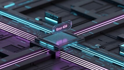 Futuristic circuit board with glowing neon lights and error 404 message