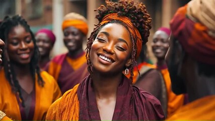 A woman with an orange headwrap and braided hair smiles with closed eyes - Powered by Adobe