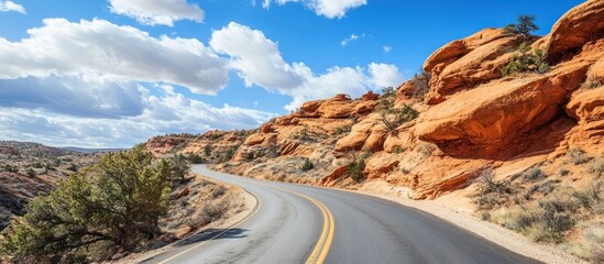 Winding asphalt road cutting through the red rock landscape under a clear sky
