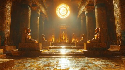 Sunlit ancient Egyptian temple interior with colossal statues and ornate columns - Powered by Adobe
