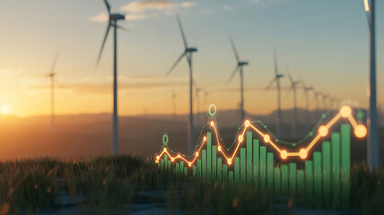 Wind farm with glowing financial graph at sunset wind turbines