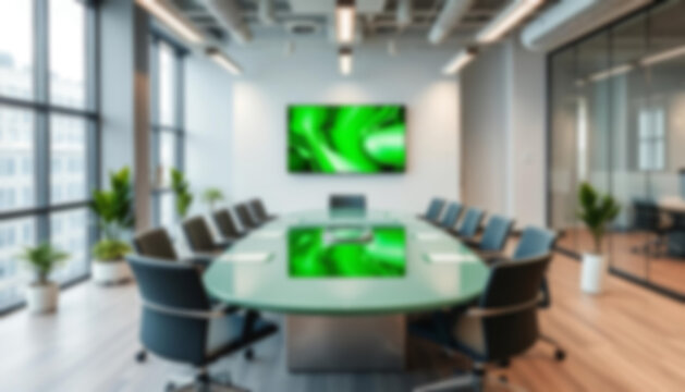 blurry office, interior of a modern office with a large meeting table, green theme, small plants in the corners of the room, office wallpaper.