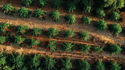 Aerial view of lush green orchards filled with vibrant red fruit, creating a vivid contrast against the earthy pathways.