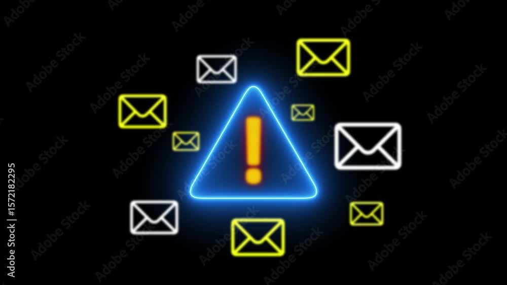 Poster glowing neon email box with warning sign .cyber security awareness. emails alert. email inbox with s