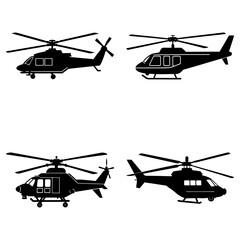 Four black silhouette illustrations of helicopters in various positions