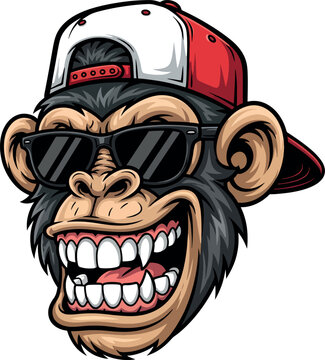 Cool grinning monkey head in sunglasses and backwards cap, cartoon vector illustration.