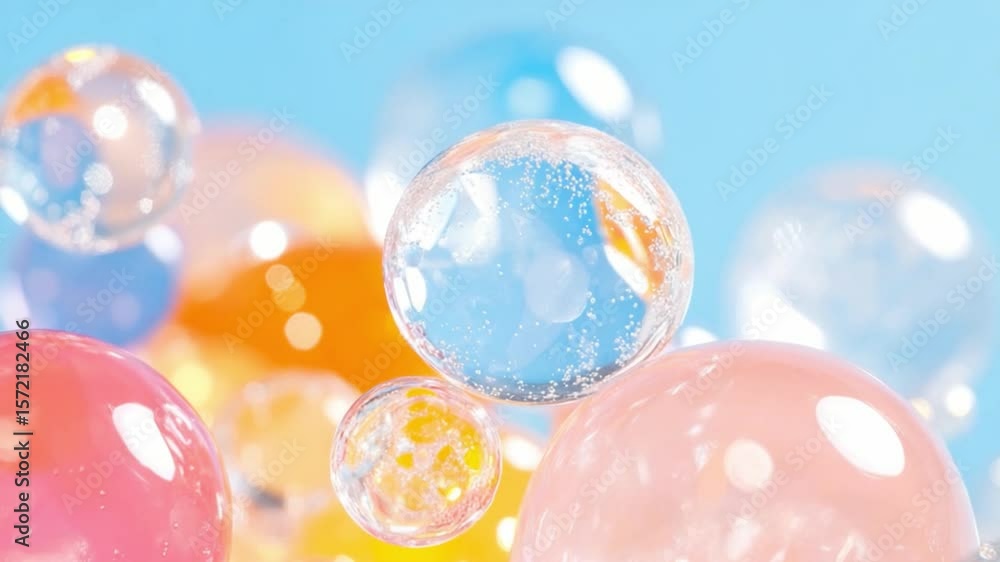 Poster floating bubbles: a cluster of colorful bubbles, reflecting light and creating a whimsical display o