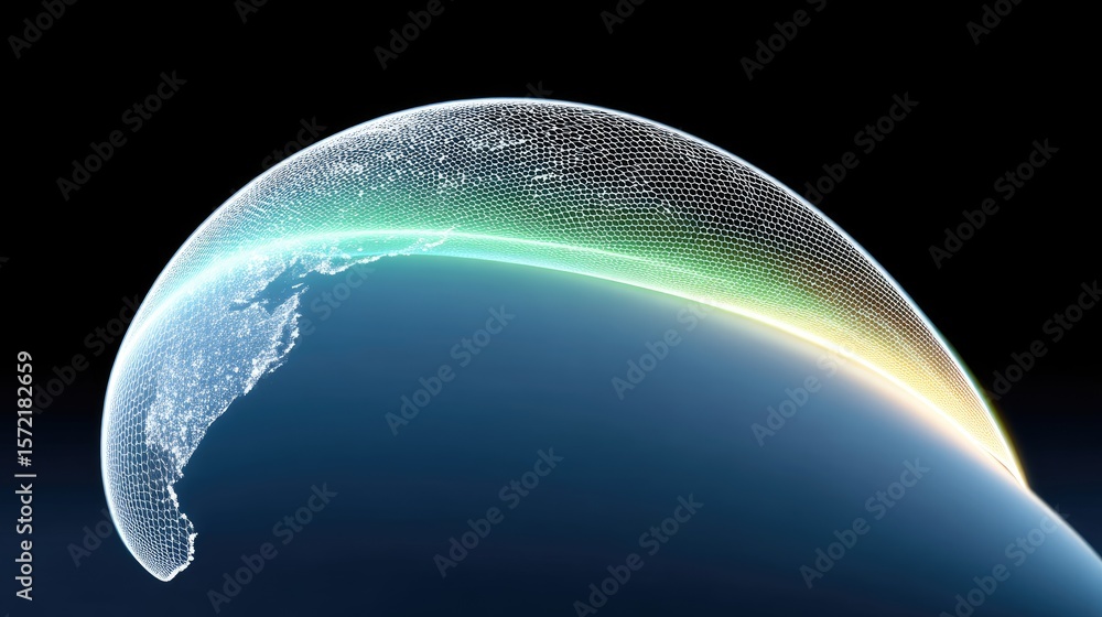 Poster global data network visualization: abstract curved arcs of light and points