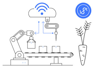 Robotic arm and machinery processing produce on a conveyor, linked to IoT-based cloud data. Ideal for agriculture, technology, automation, farming, innovation, efficiency, data-driven operations