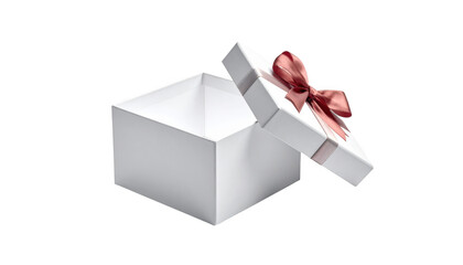 Open white gift box with rose ribbon isolated on transparent background