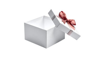 Open white gift box with rose ribbon isolated on transparent background
