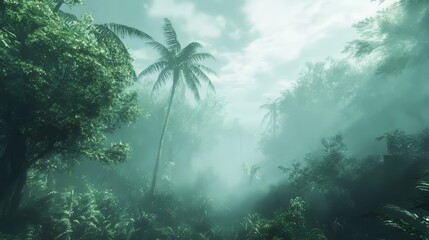 Misty forest atmosphere with tall trees and fog