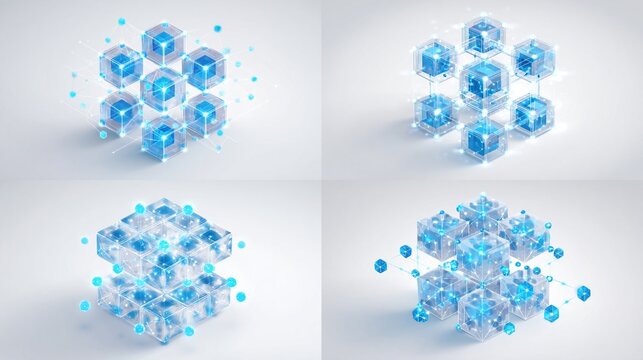 A series of four images illustrating interconnected crystalline cubes in a digital environment