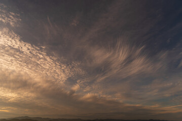 Banner Blue golden sky sunrise dramatic beautiful mountain. Blue sky white cloud cloudscape. Banner Dramatic sunset mountain landscape. Panorama Amazing Beautiful landscape hills with copy space